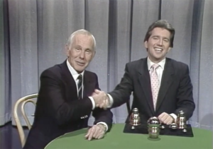 Paul Gertner shaking Johnny Carson's hand on the Tonight Show
